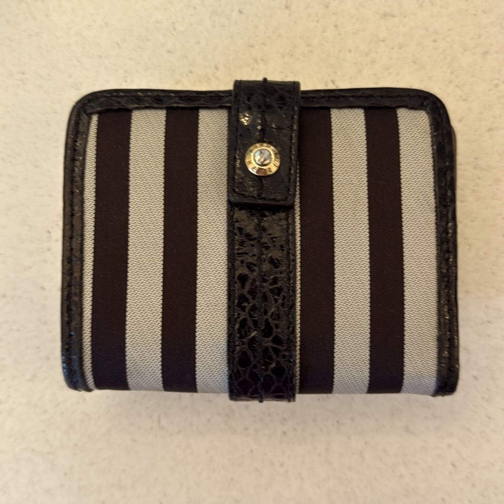 Classic Henri Bendel Brown and Cream Striped Wallet with Purple accents